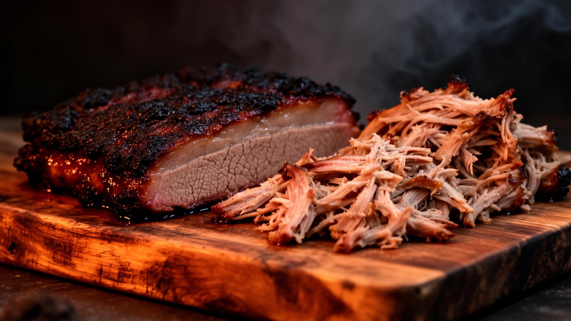 Smoked brisket and pulled pork on a wooden board